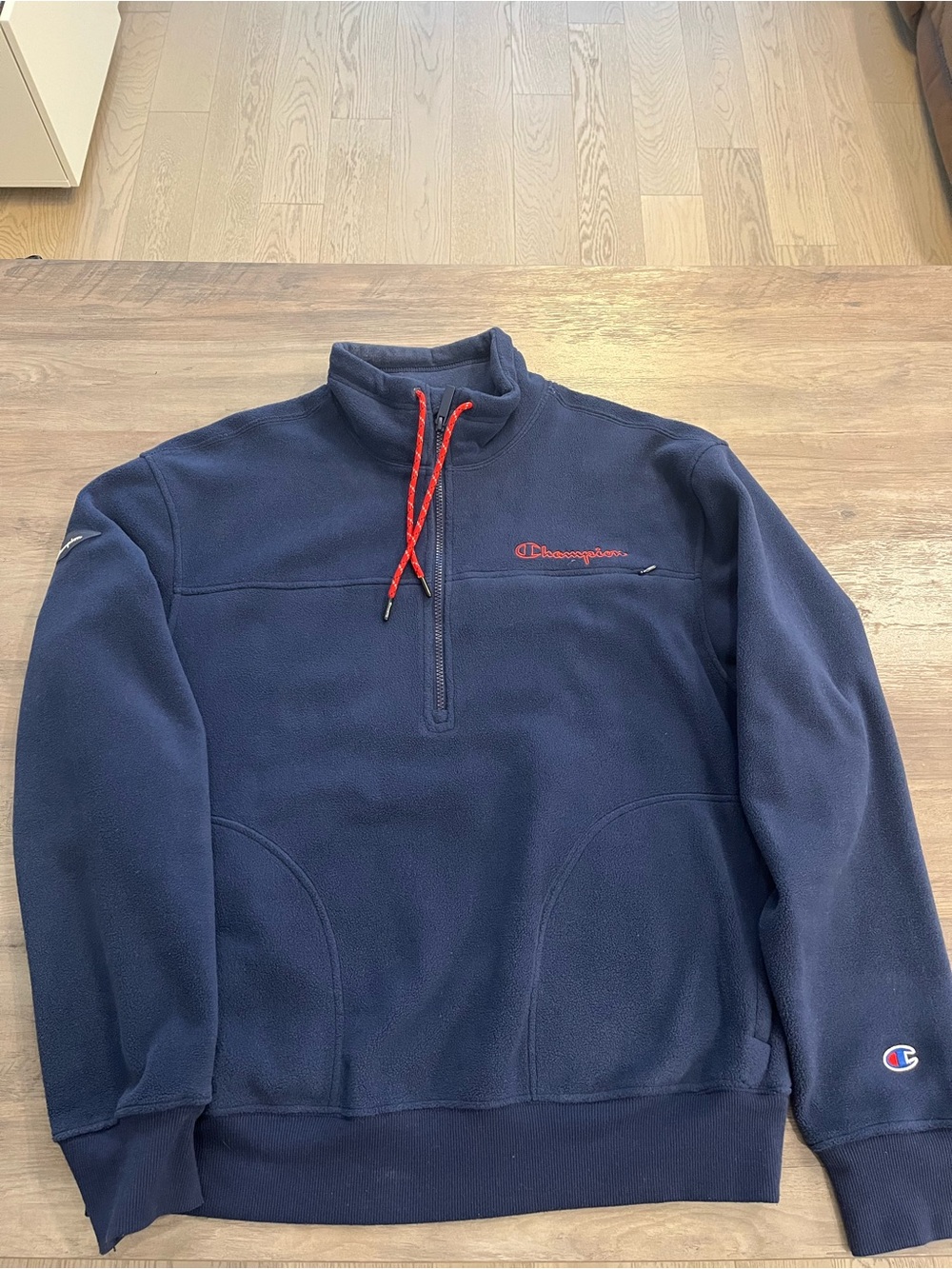 Champion Men's Navy Quarter-Zip Fleece Pullover with Red Drawcords